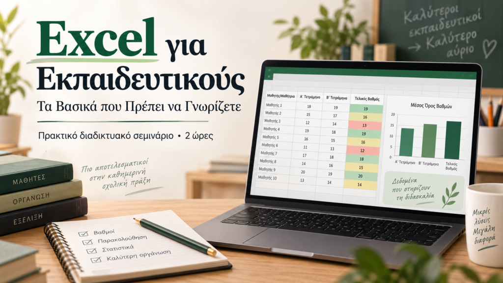 Excel για Εκπαιδευτικούς: Τα Βασικά που Πρέπει να Γνωρίζετε — πρακτικό διαδικτυακό σεμινάριο 2 ωρών, με φορητό υπολογιστή και φύλλο βαθμολογίας.