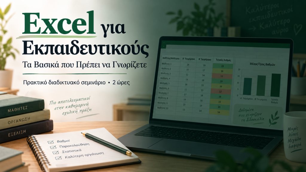 Excel για Εκπαιδευτικούς: Τα Βασικά που Πρέπει να Γνωρίζετε — πρακτικό διαδικτυακό σεμινάριο 2 ωρών, με φορητό υπολογιστή και φύλλο βαθμολογίας.